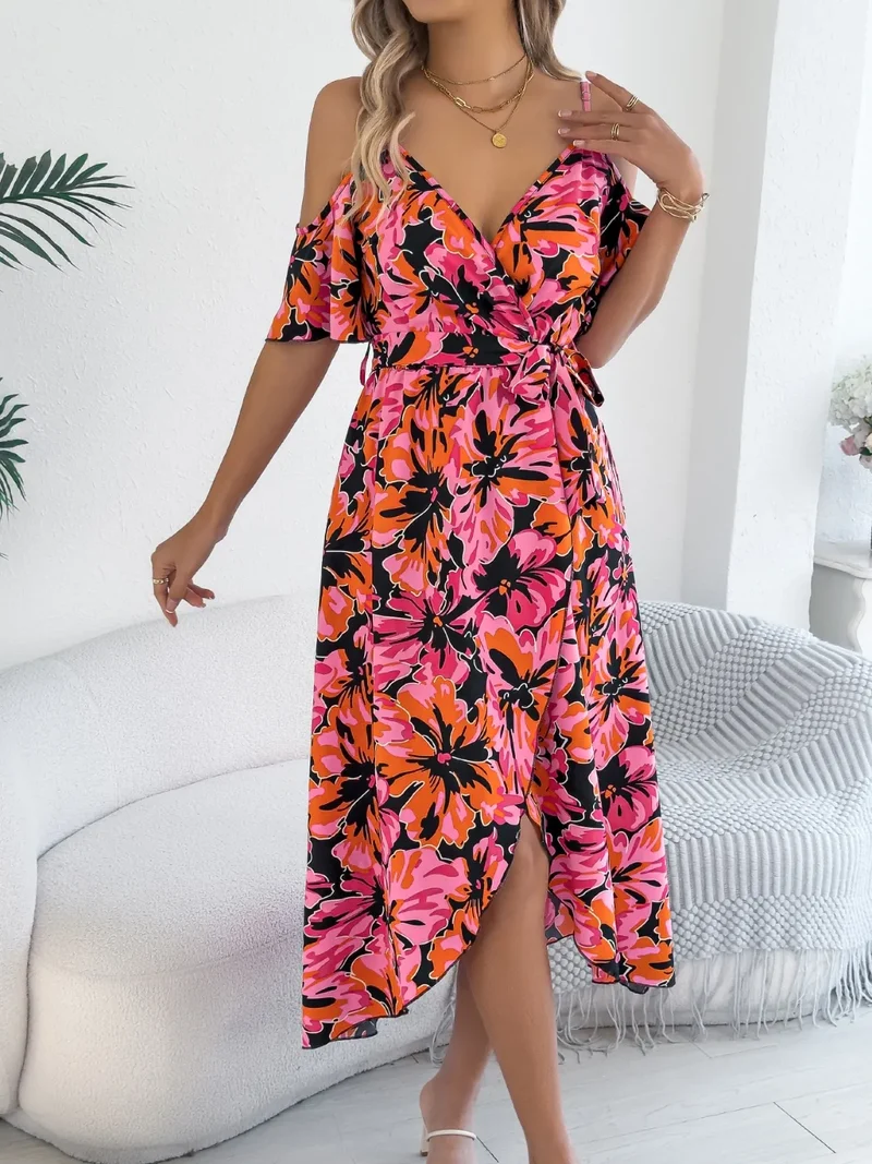 Robe camisole mi-longue imprimée à épaules dénudées