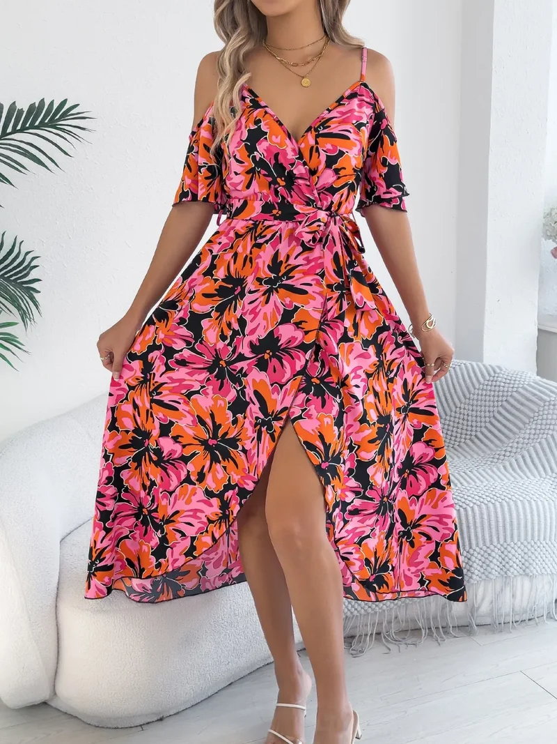 Robe camisole mi-longue imprimée à épaules dénudées