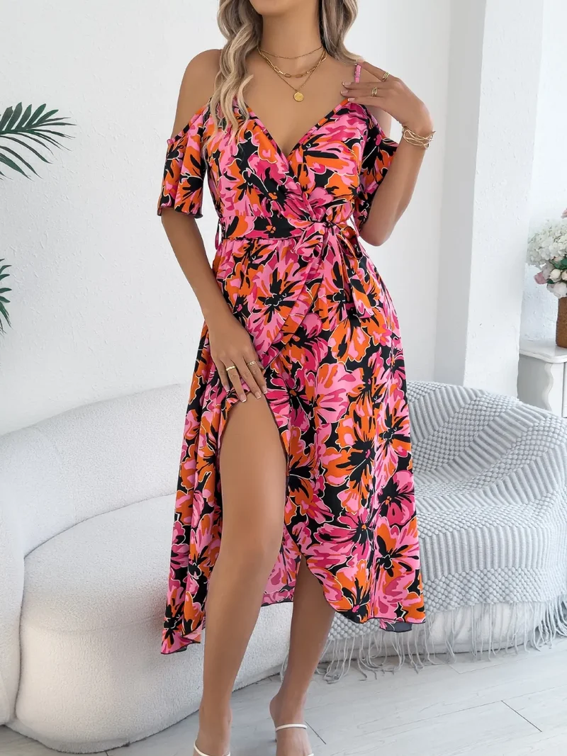Robe camisole mi-longue imprimée à épaules dénudées