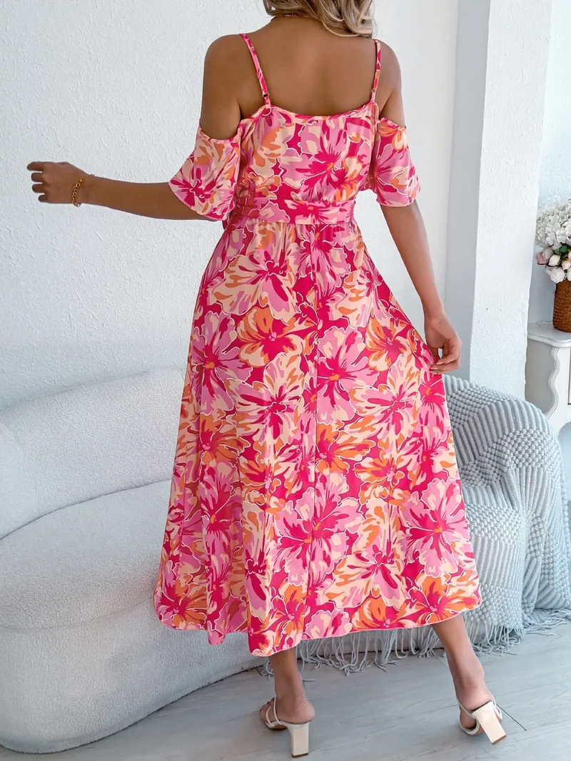 Robe camisole mi-longue imprimée à épaules dénudées