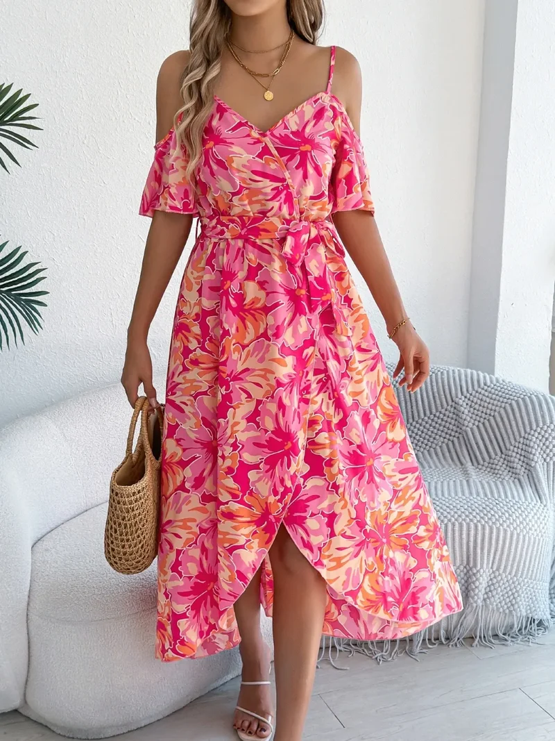 Robe camisole mi-longue imprimée à épaules dénudées
