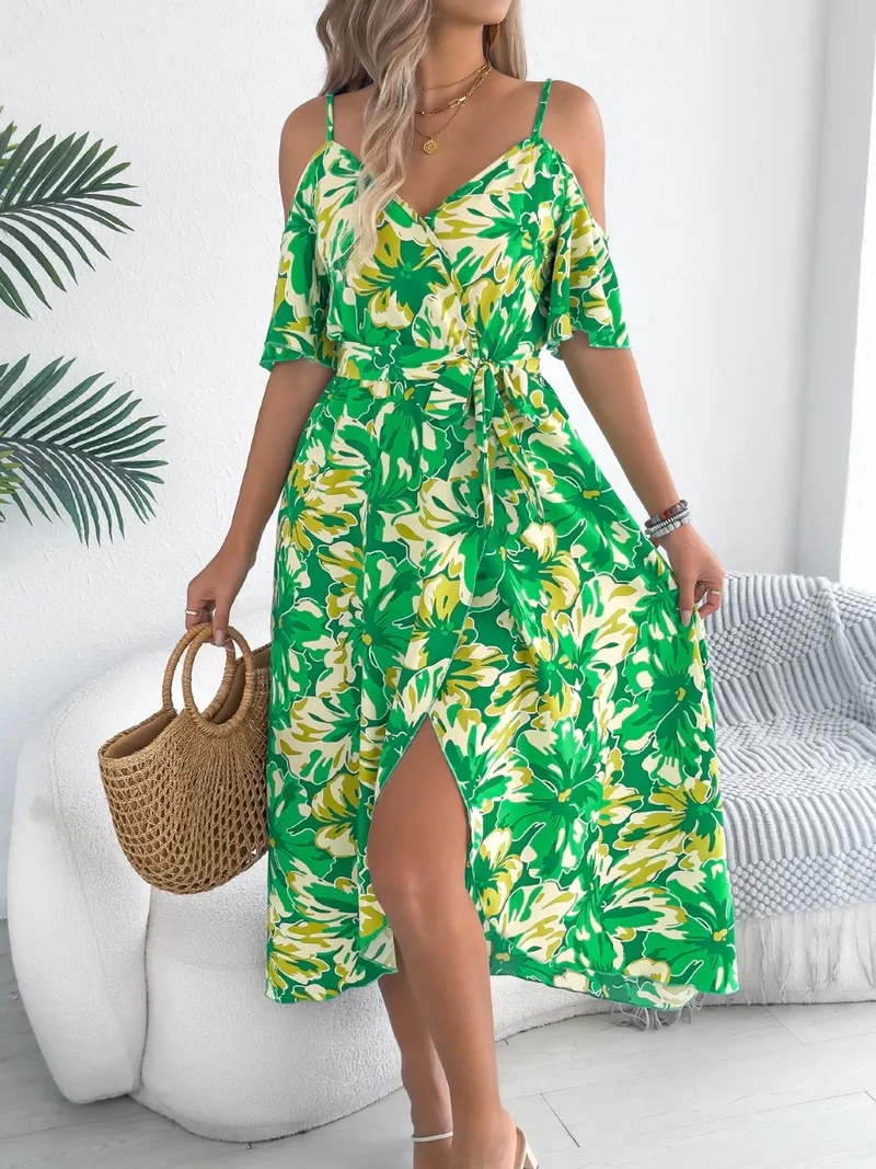 Robe camisole mi-longue imprimée à épaules dénudées