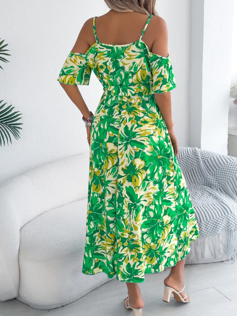 Robe camisole mi-longue imprimée à épaules dénudées