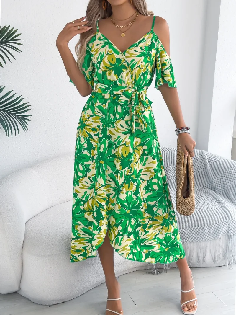 Robe camisole mi-longue imprimée à épaules dénudées