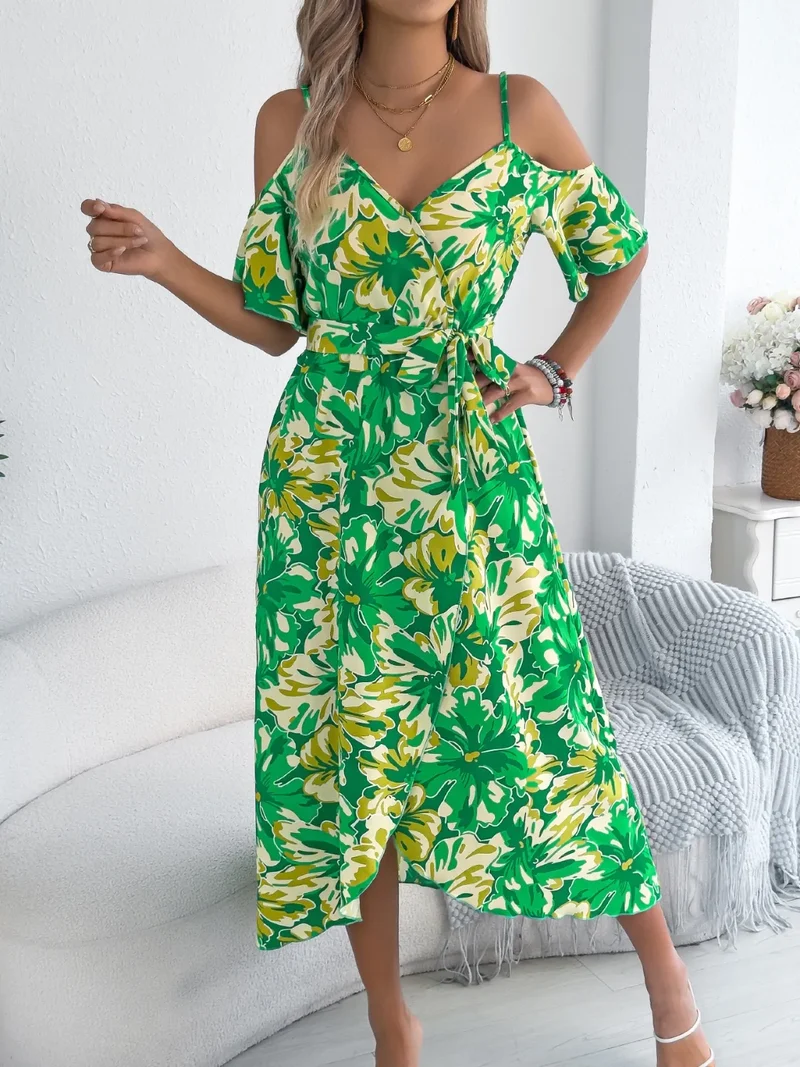 Robe camisole mi-longue imprimée à épaules dénudées
