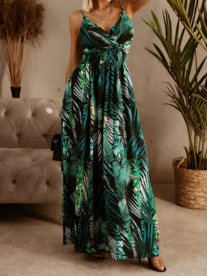 Robe longue camisole à imprimé smocké et surplis