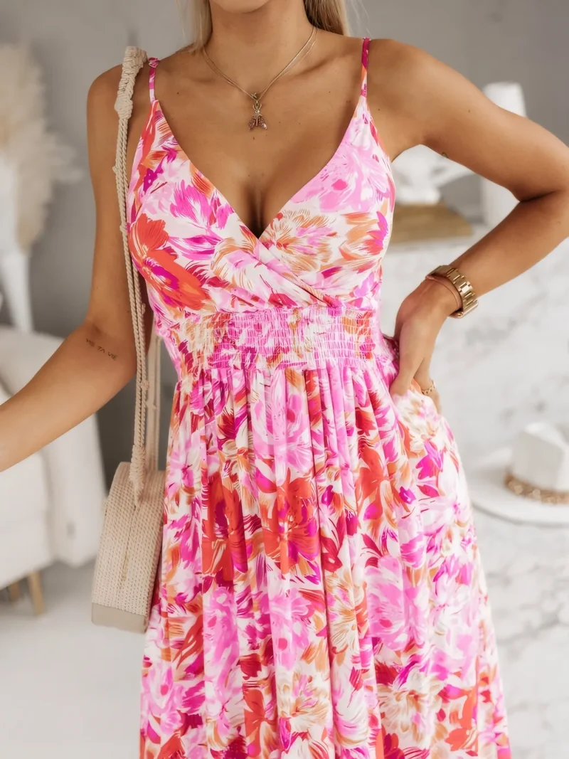 Robe longue camisole à imprimé smocké et surplis