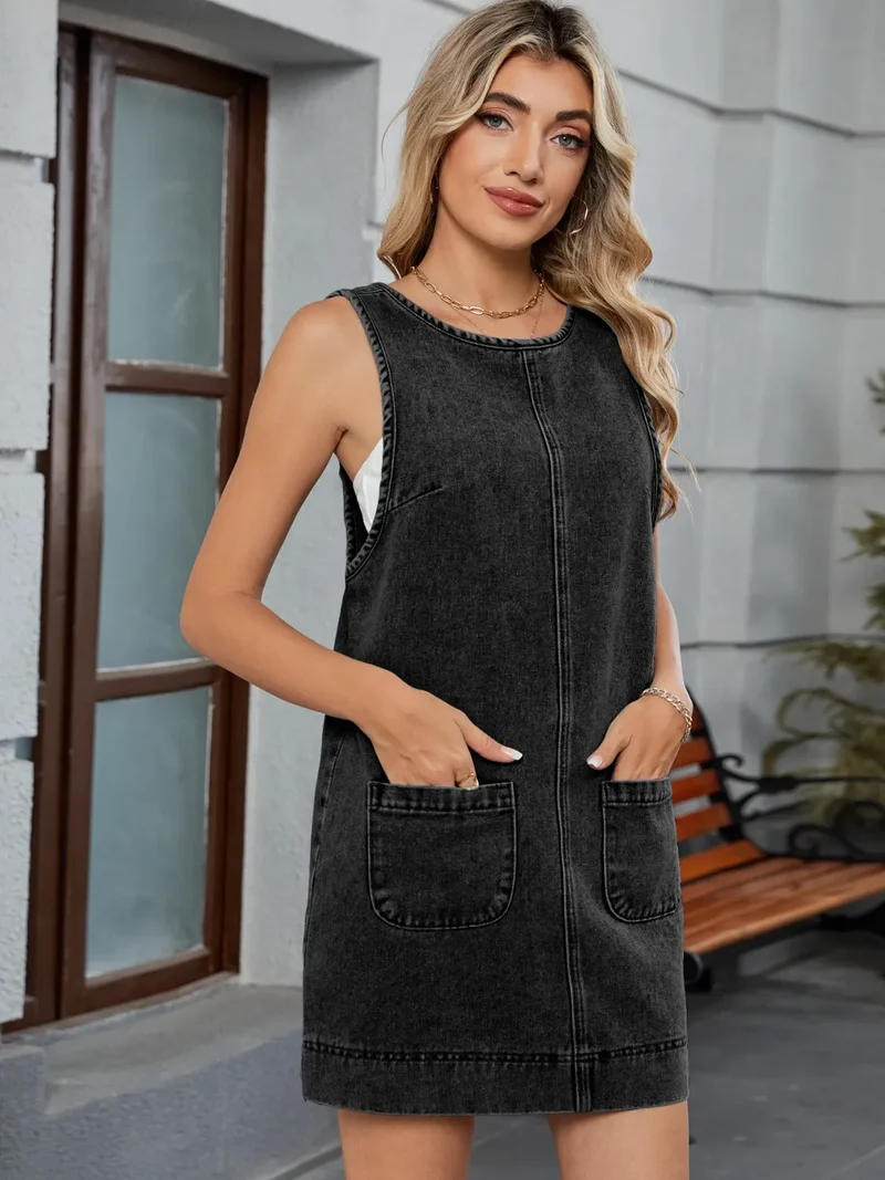 Robe salopette en jean à col rond