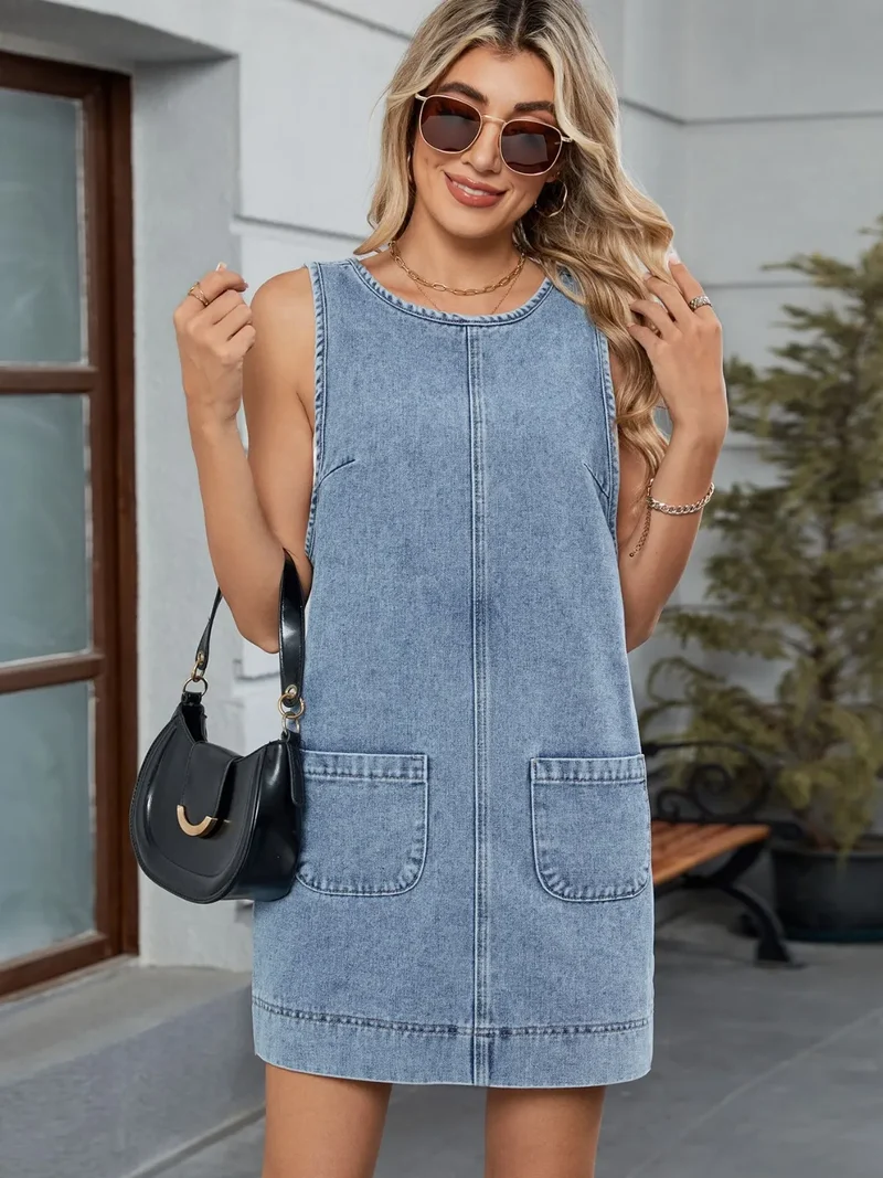 Robe salopette en jean à col rond
