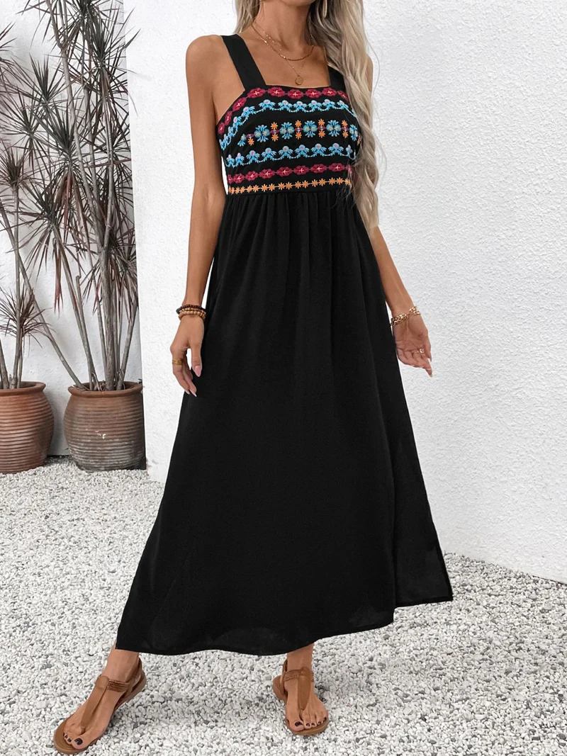 Robe mi-longue sans manches à fleurs brodées et fente latérale Perfee