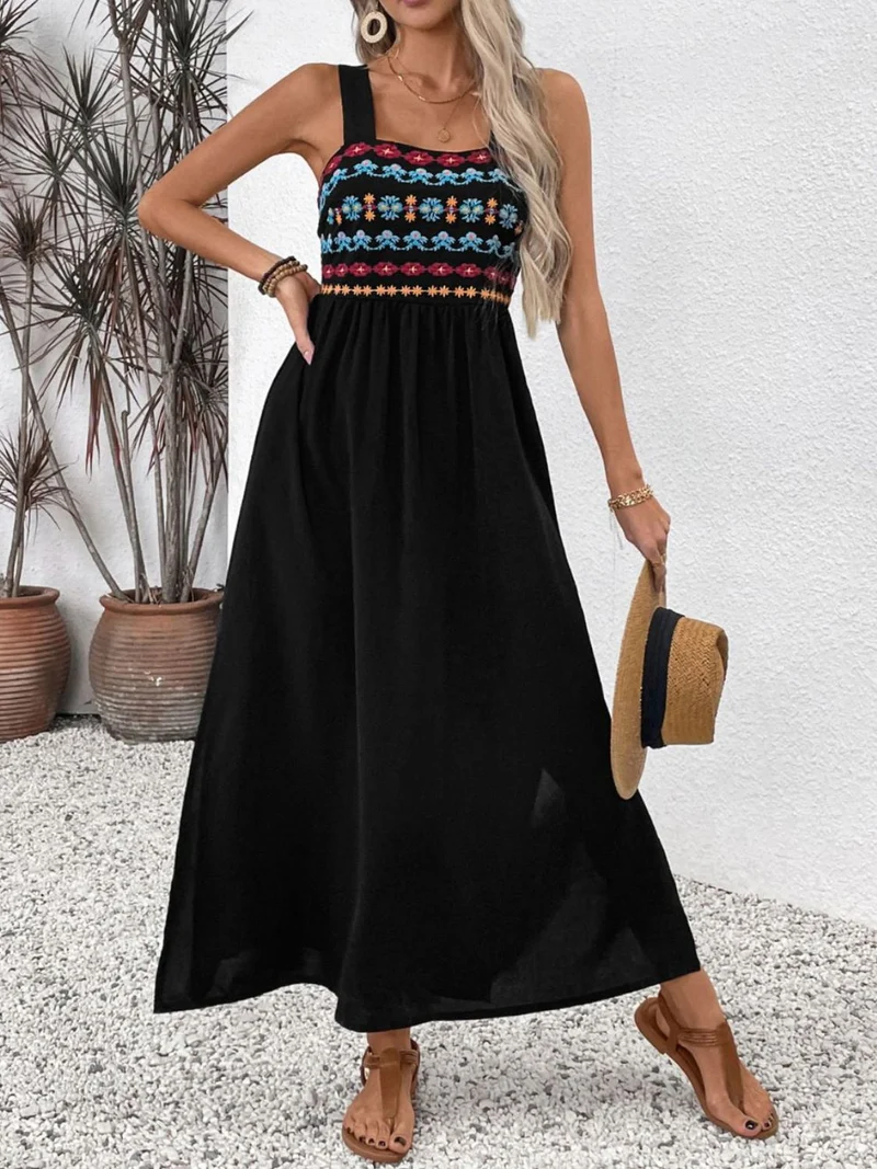 Robe mi-longue sans manches à fleurs brodées et fente latérale Perfee