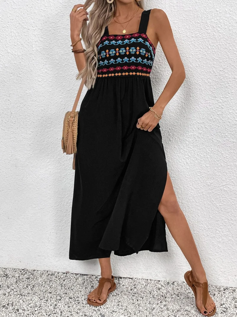 Robe mi-longue sans manches à fleurs brodées et fente latérale Perfee