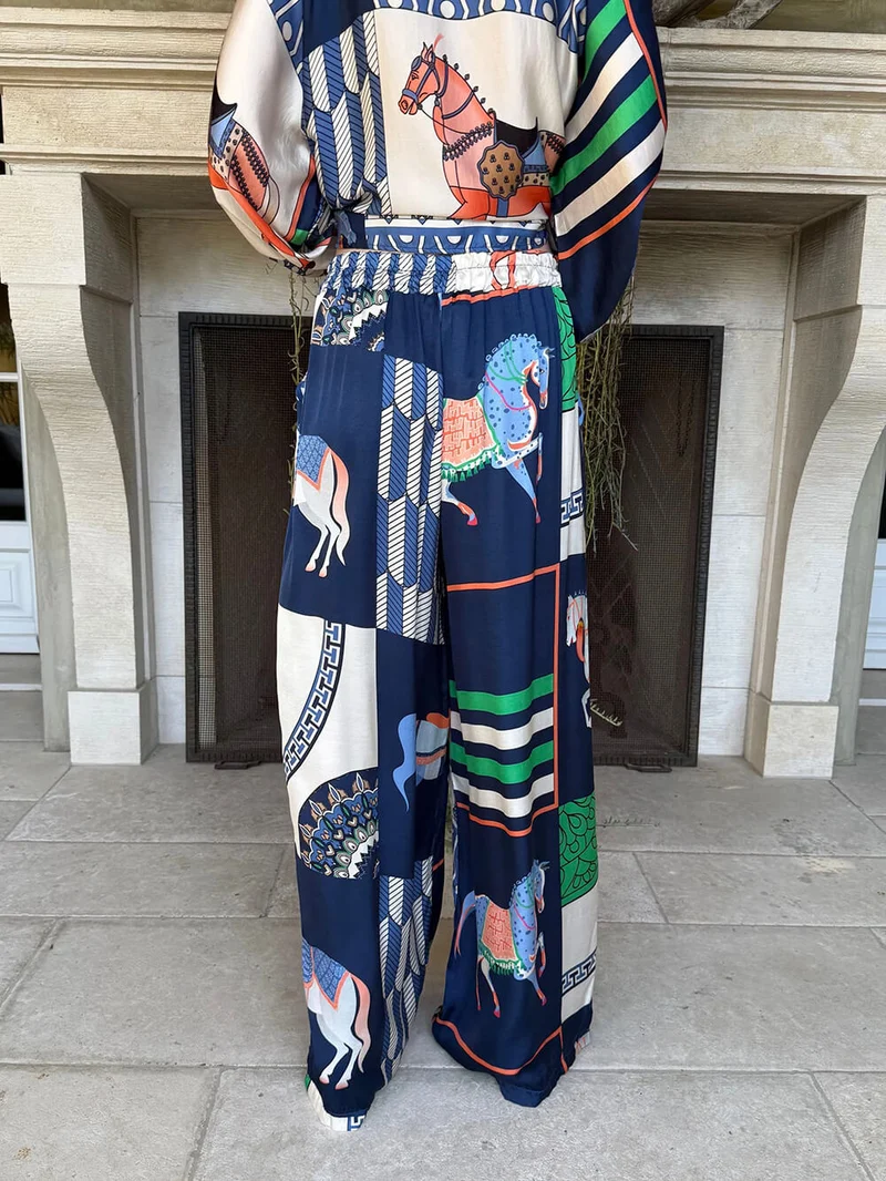 Unique Satin Horse Print Loose Shirt And Elastic Waist Wide-Leg Pants Set