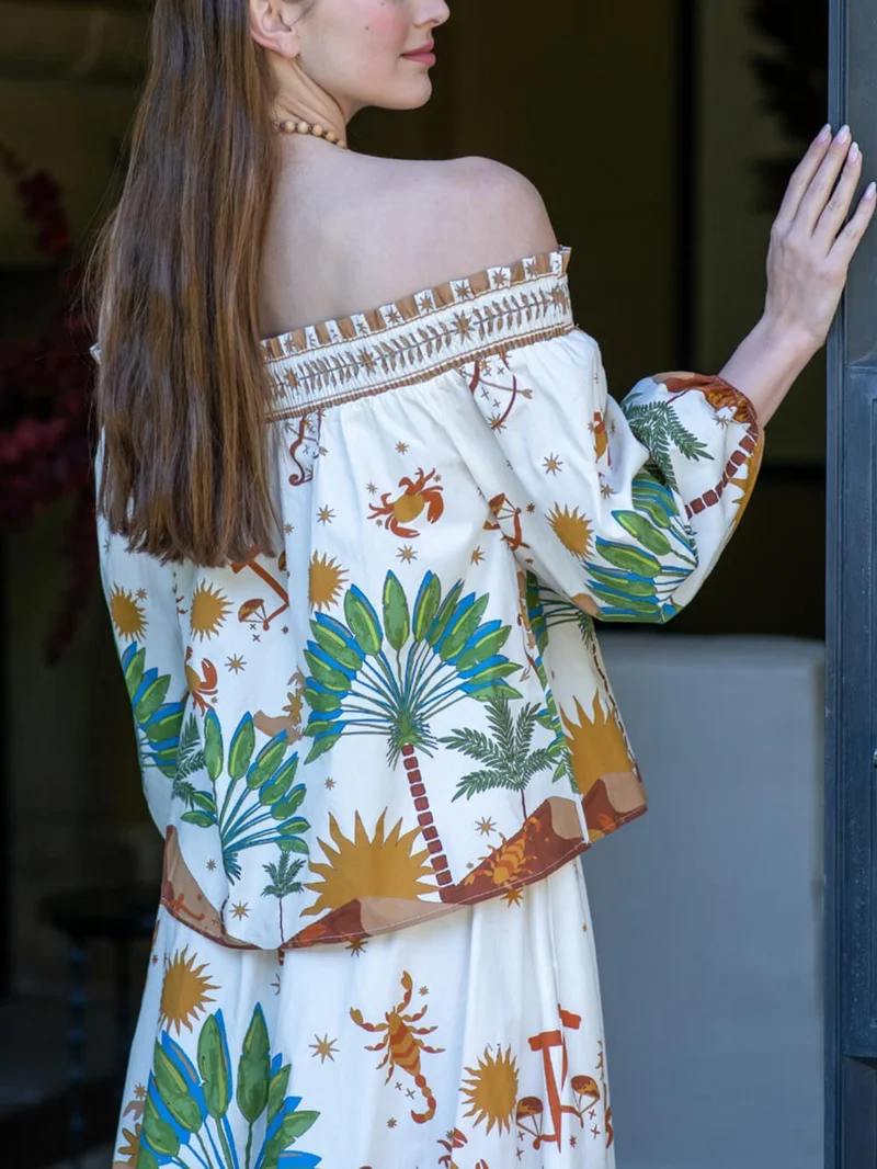 Modern Unique Satin Print Off-Shoulder Shirt and Elastic Waist Skirt Set