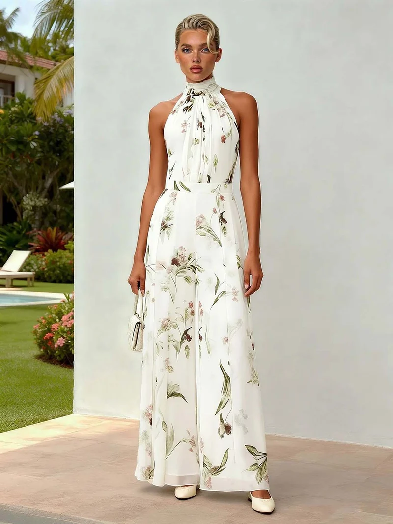 Elegant Print Halter Neck Wide-Leg Jumpsuit