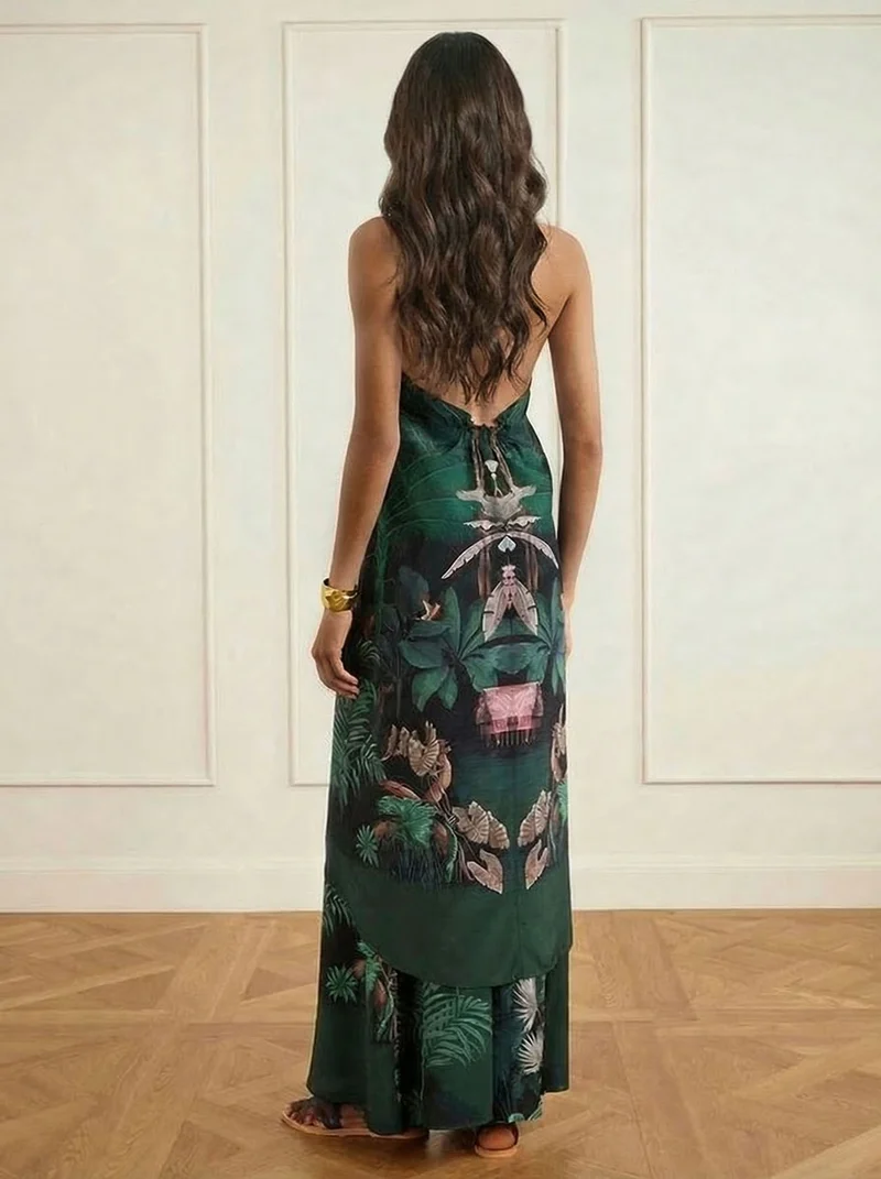 Tropical Palm Print Wide-Leg Pants Set