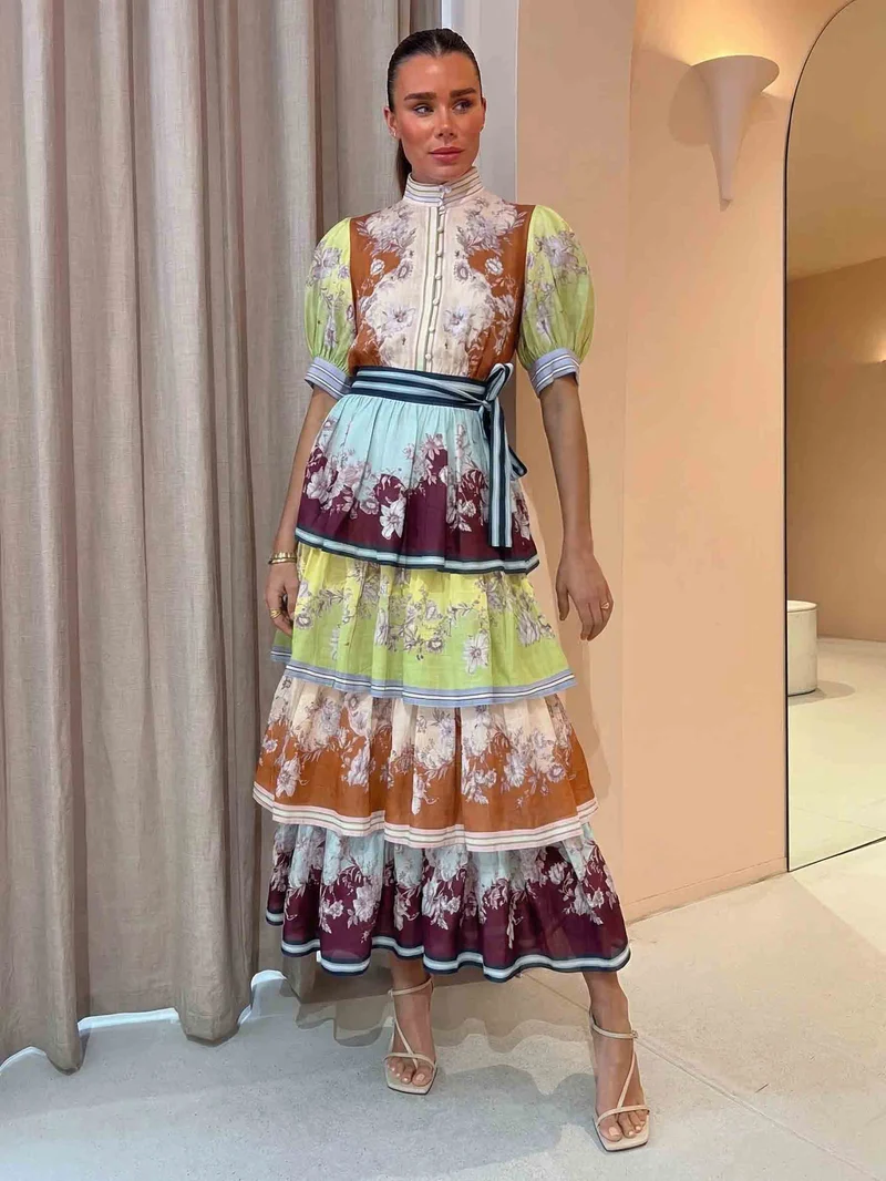 Retro Paisley Print Ruffled Midi Dress