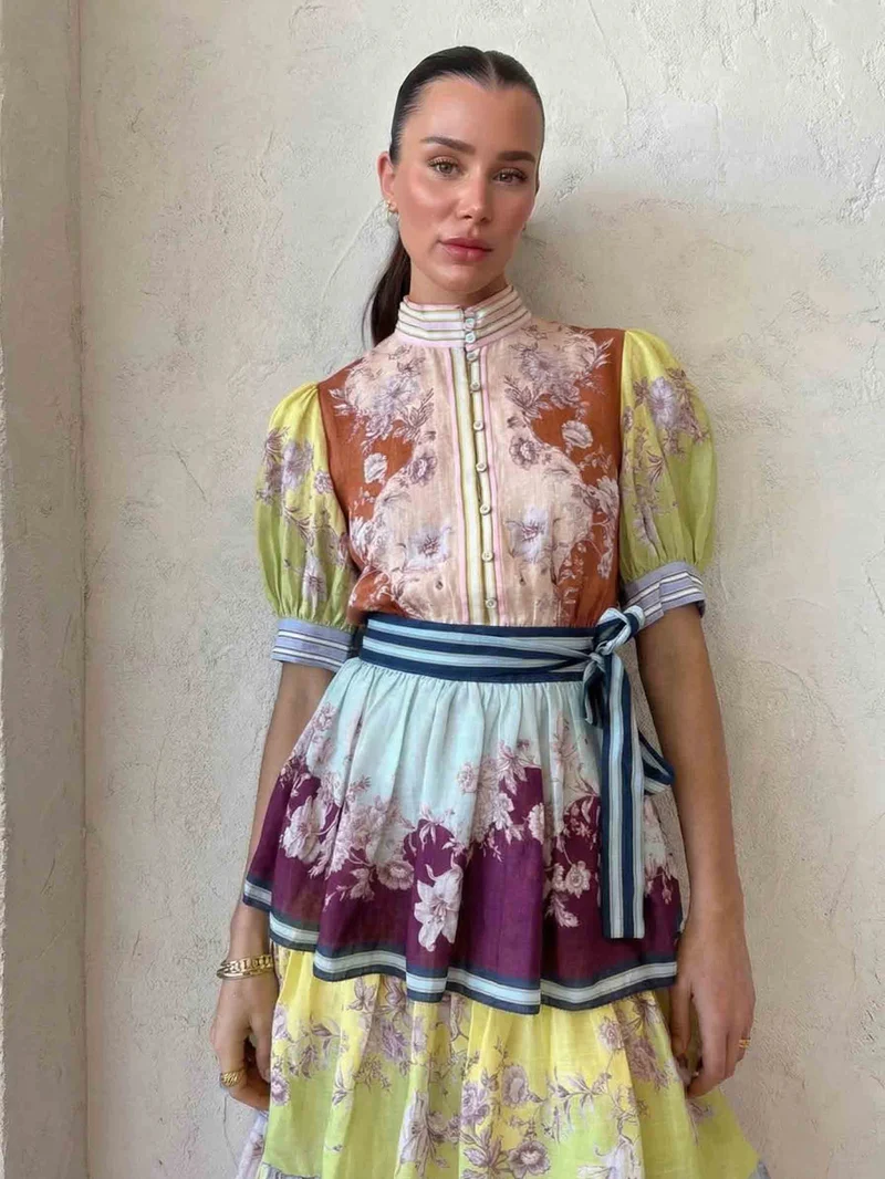 Retro Paisley Print Ruffled Midi Dress