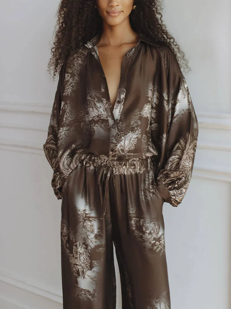 Unique Brown Floral Print Loose Top And Elastic Waist Wide-Leg Pants Set