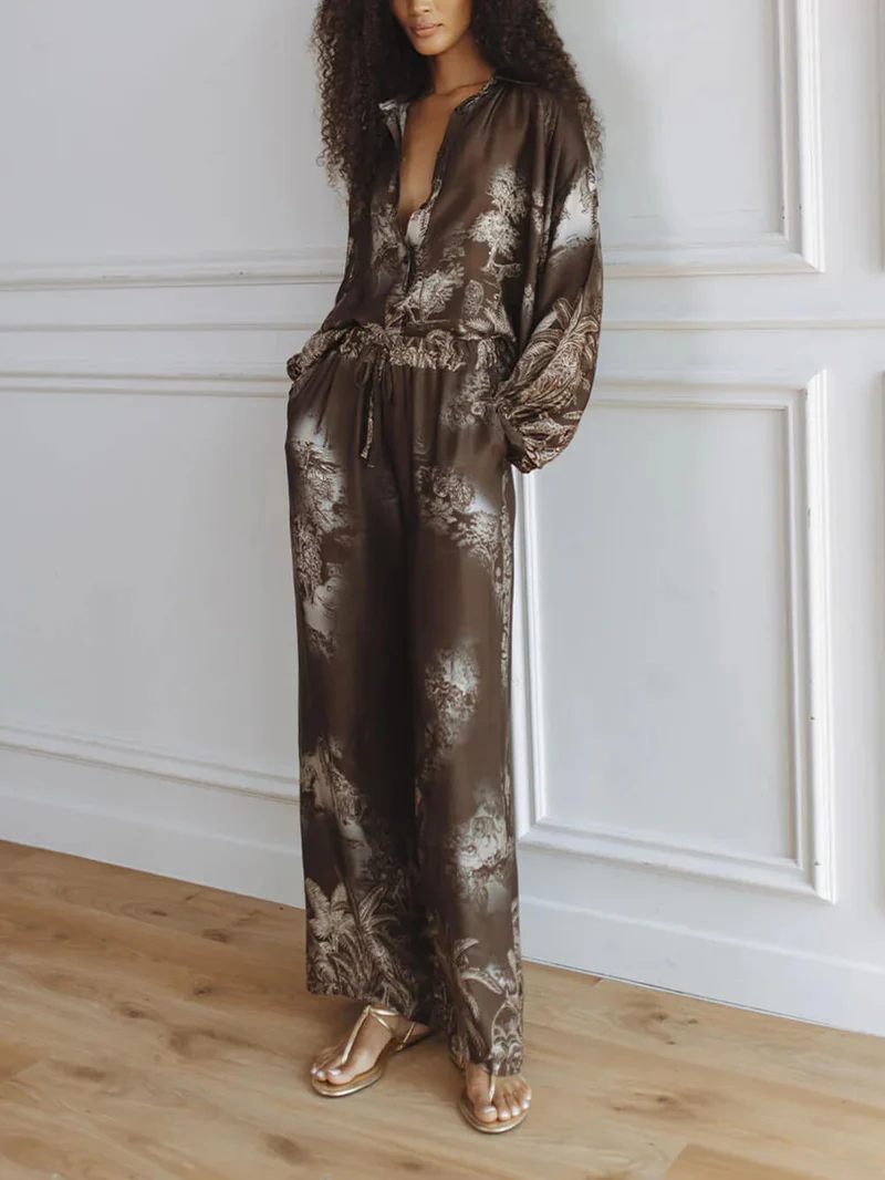 Unique Brown Floral Print Loose Top And Elastic Waist Wide-Leg Pants Set