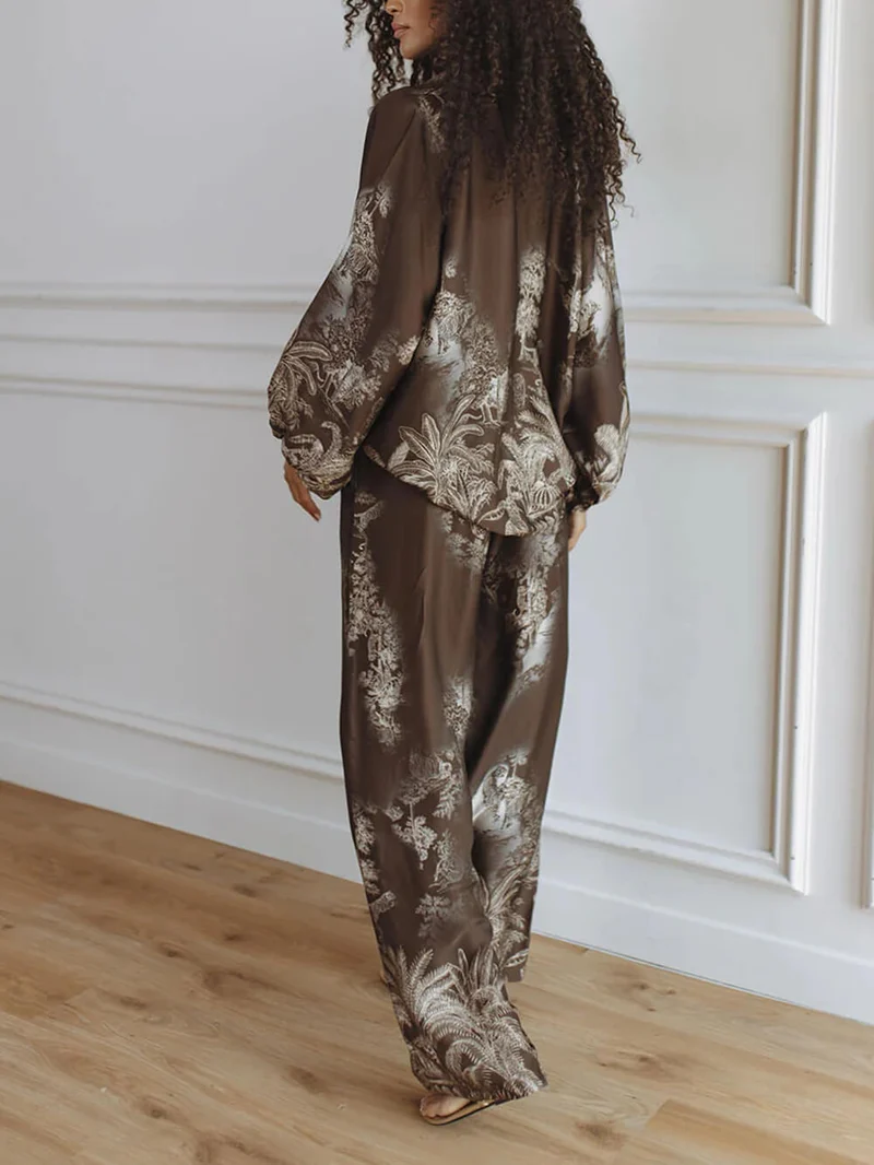 Unique Brown Floral Print Loose Top And Elastic Waist Wide-Leg Pants Set