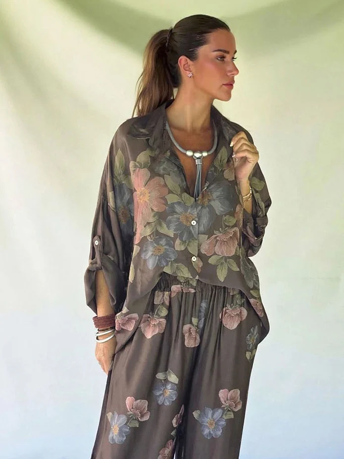 Retro Floral Print Collared Shirt & Elastic Waist Wide-Leg Pants Two-Piece Set