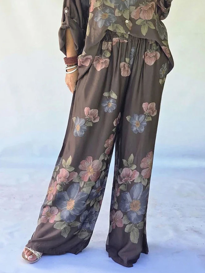 Retro Floral Print Collared Shirt & Elastic Waist Wide-Leg Pants Two-Piece Set