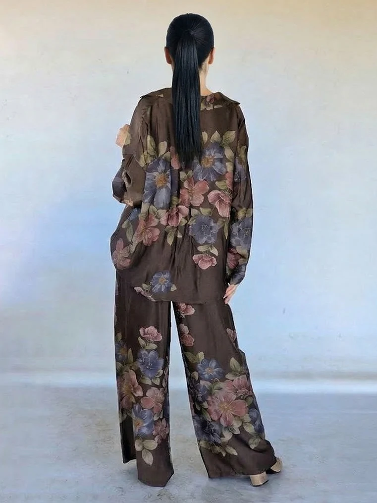 Retro Floral Print Collared Shirt & Elastic Waist Wide-Leg Pants Two-Piece Set