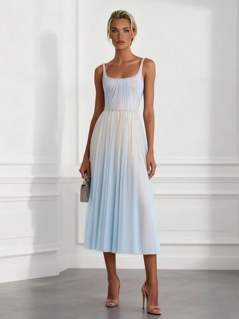 Elegant Pleated Gradient Spaghetti Strap Midi Dress
