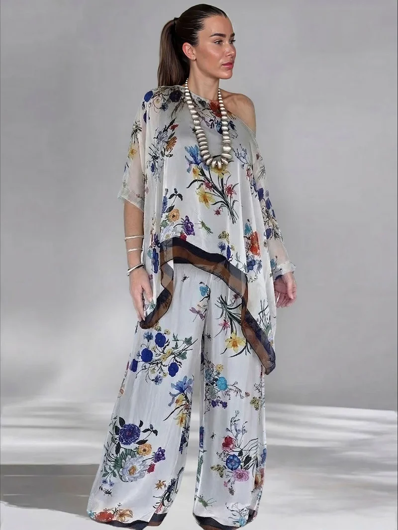 Elegant Sheer Floral Print Asymmetrical One-Shoulder Top & Wide Leg Pants Set