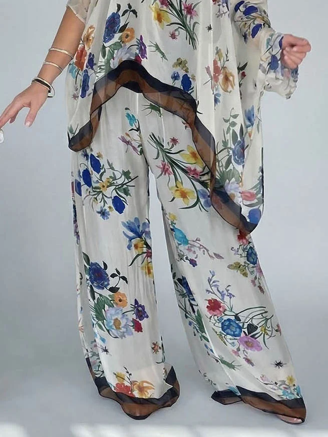Elegant Sheer Floral Print Asymmetrical One-Shoulder Top & Wide Leg Pants Set