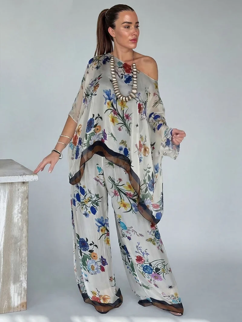 Elegant Sheer Floral Print Asymmetrical One-Shoulder Top & Wide Leg Pants Set