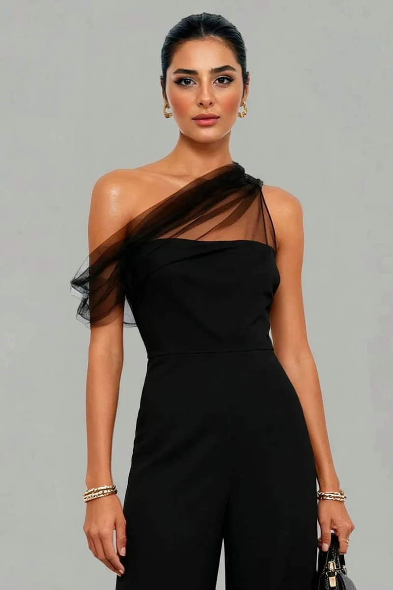 Elegant Mesh Panel One-Shoulder Jumpsuit