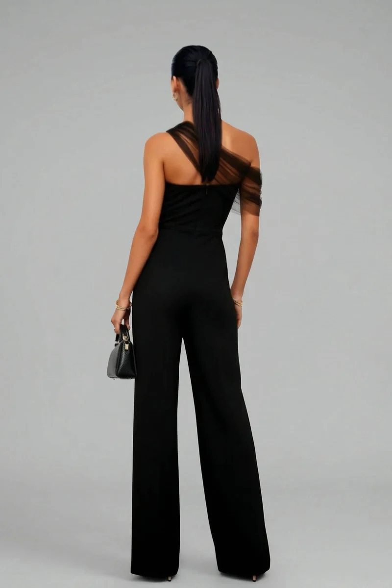 Elegant Mesh Panel One-Shoulder Jumpsuit