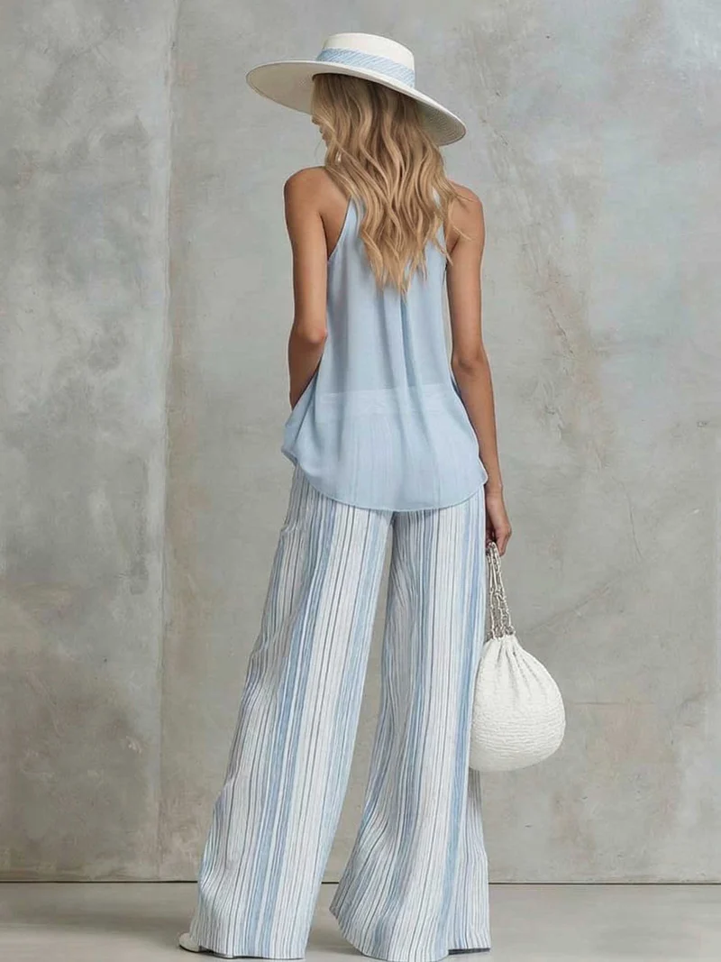 Elegant Sleeveless Top & Striped Wide-Leg Pants Set