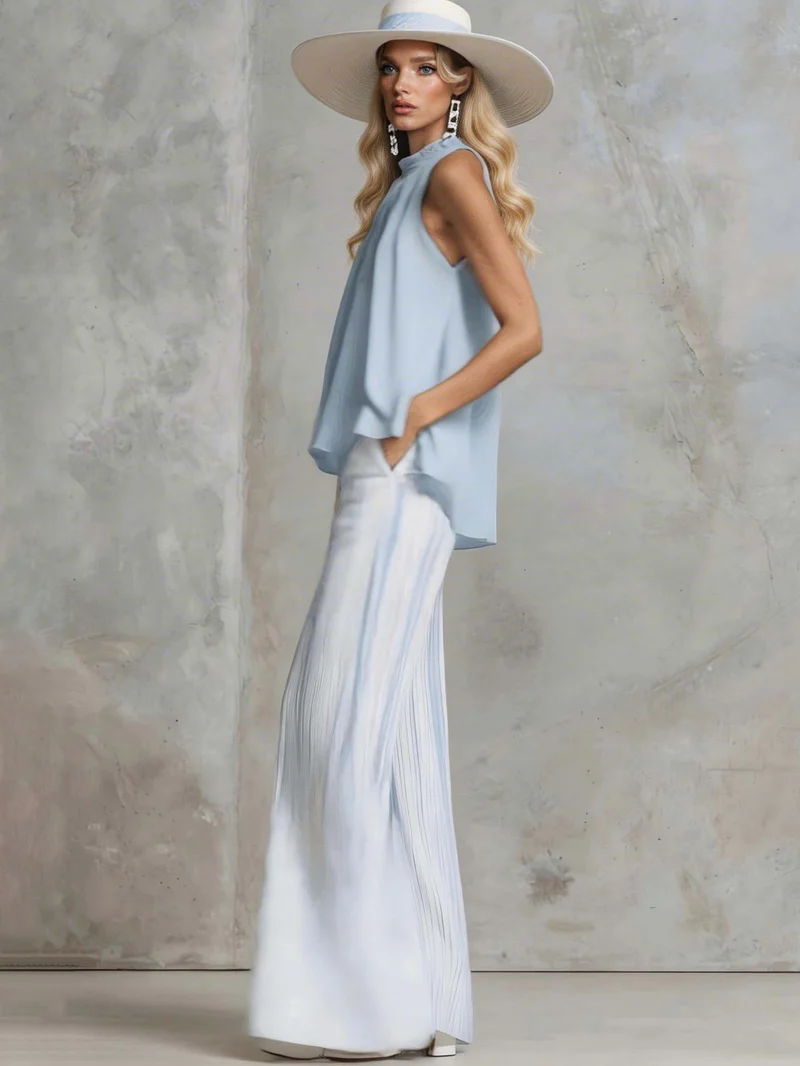 Elegant Sleeveless Top & Striped Wide-Leg Pants Set
