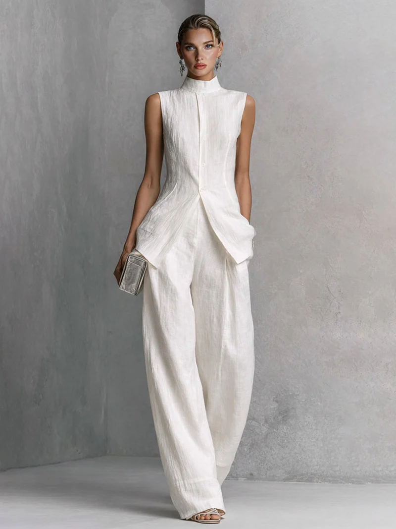 Minimalist Sleeveless High-Neck Top & Wide Leg Pants Set