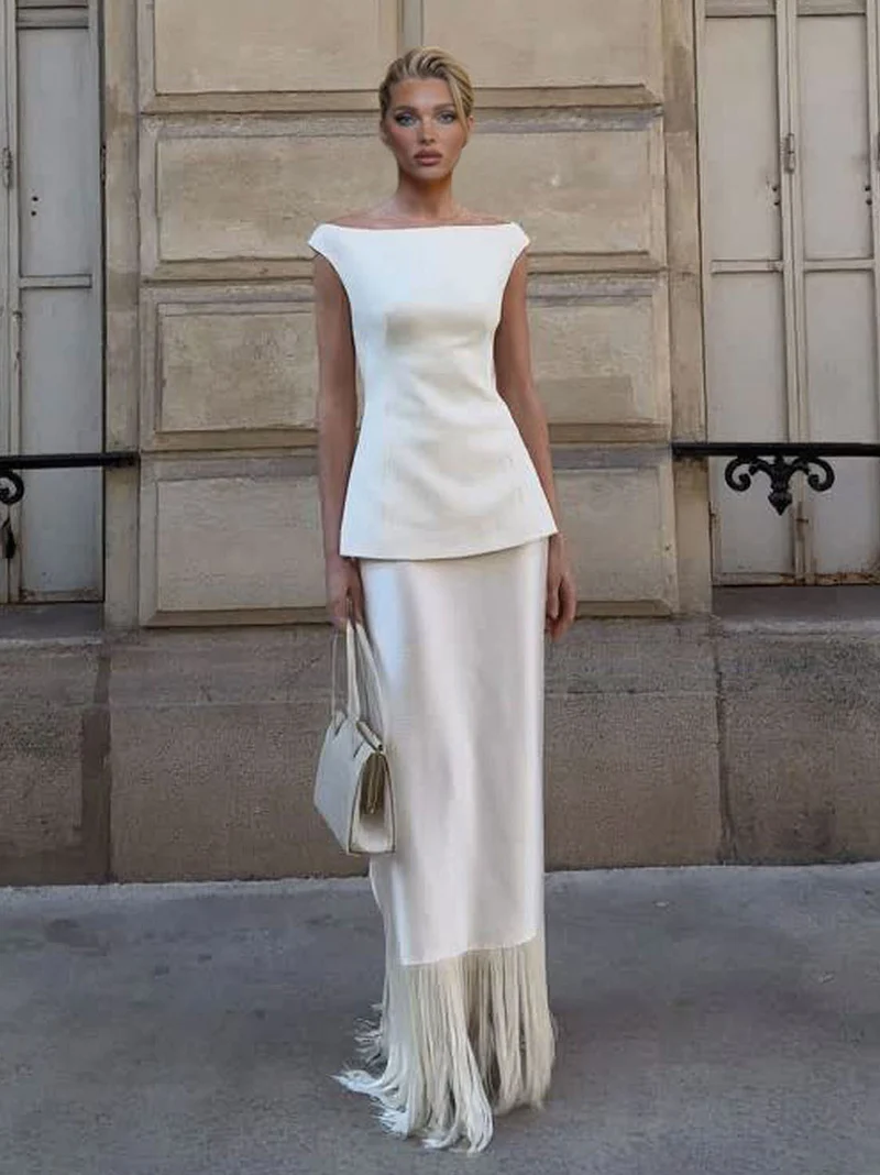 Elegant Satin Fringe Hem Skirt Two-Piece Set