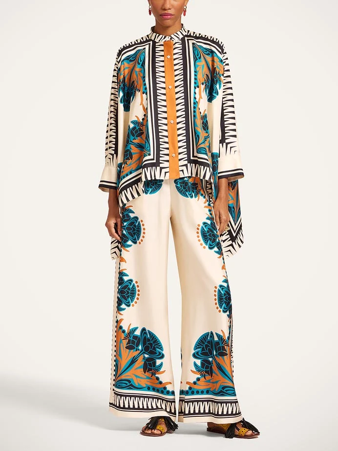 Exquisite Satin Floral Print Shirt & Wide-Leg Pants Set