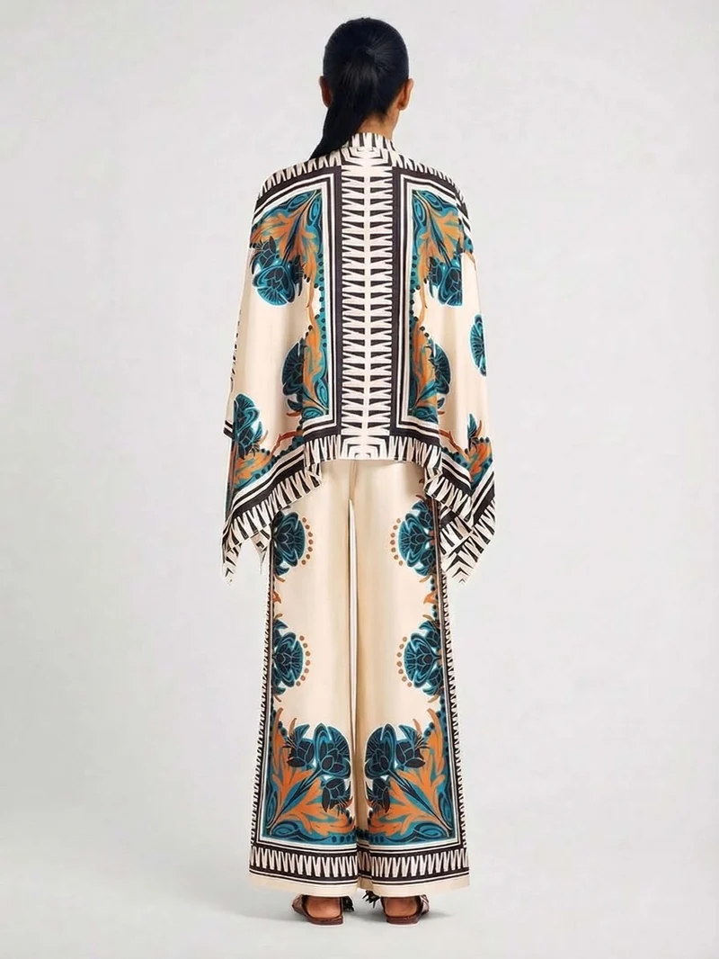 Exquisite Satin Floral Print Shirt & Wide-Leg Pants Set