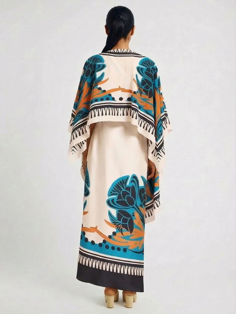 Exquisite Printed One-Shoulder Dress With Detachable Shawl Two-Piece Set