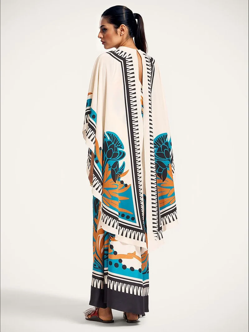 Exquisite Printed One-Shoulder Dress With Detachable Shawl Two-Piece Set