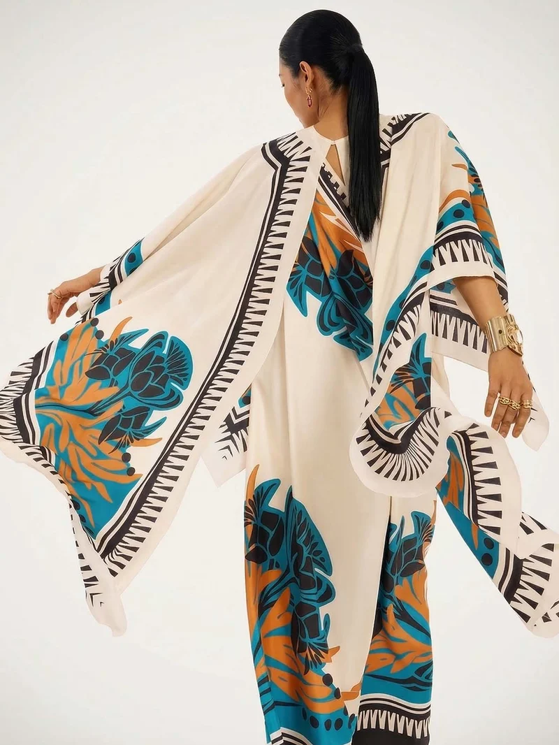 Exquisite Printed One-Shoulder Dress With Detachable Shawl Two-Piece Set