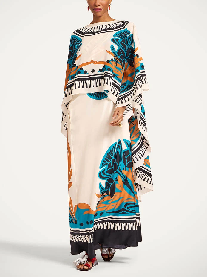Exquisite Printed One-Shoulder Dress With Detachable Shawl Two-Piece Set