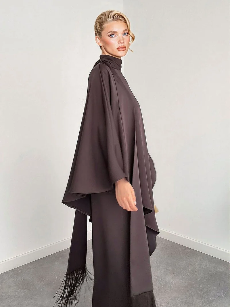 Elegant High-Neck Draped Top And Wide-Leg Pants Set