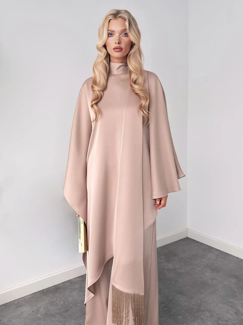 Elegant High-Neck Draped Top And Wide-Leg Pants Set