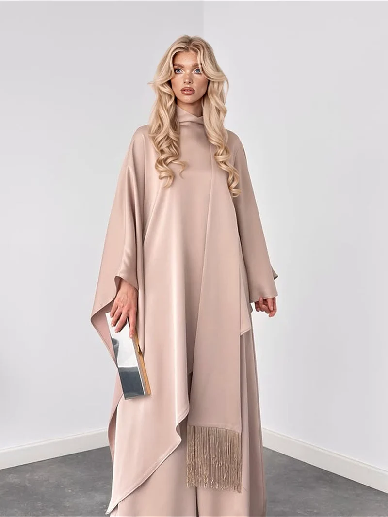 Elegant High-Neck Draped Top And Wide-Leg Pants Set