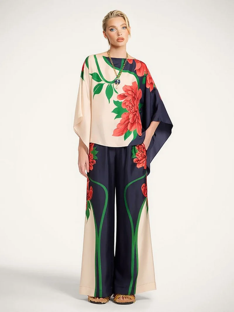 Paisley Print Asymmetric Sleeve Shirt & Wide-Leg Pants Two-Piece Set