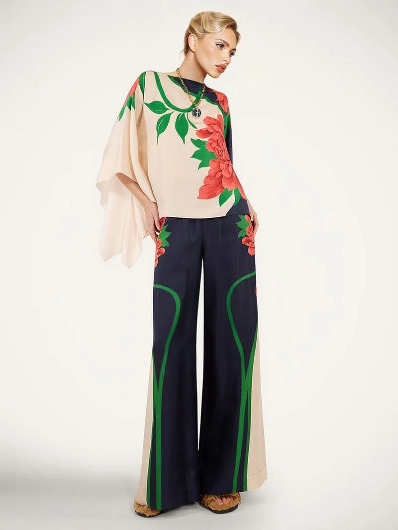 Paisley Print Asymmetric Sleeve Shirt & Wide-Leg Pants Two-Piece Set
