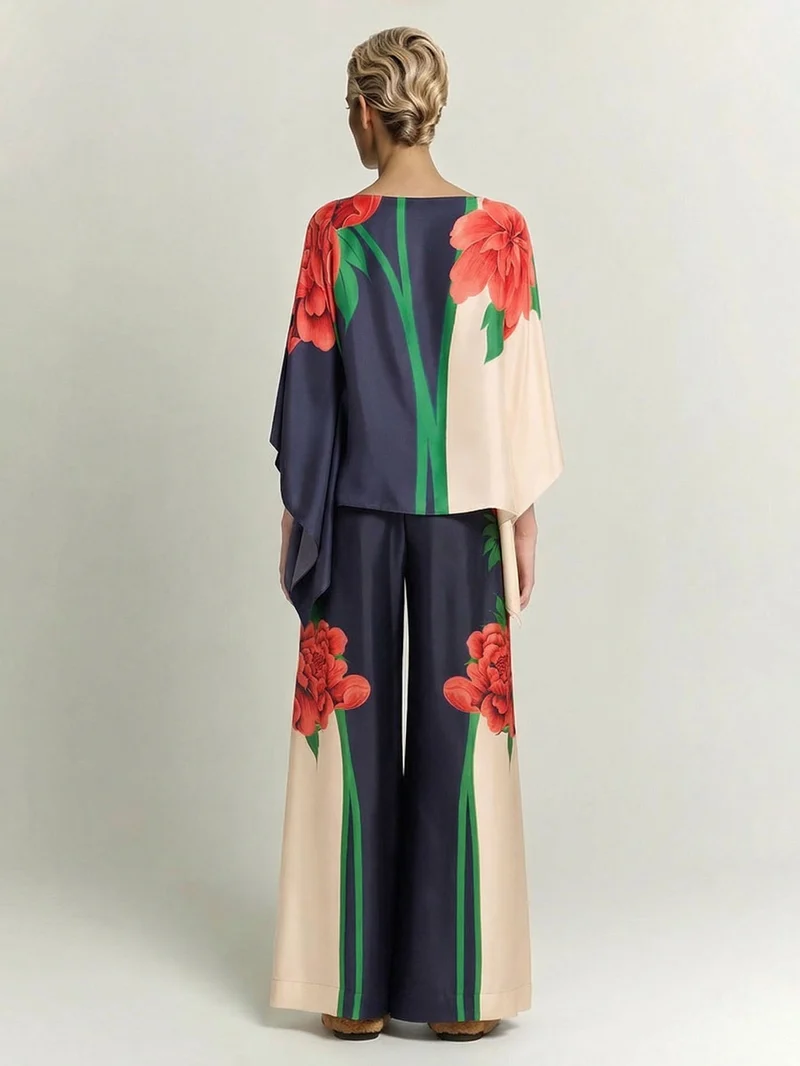 Paisley Print Asymmetric Sleeve Shirt & Wide-Leg Pants Two-Piece Set